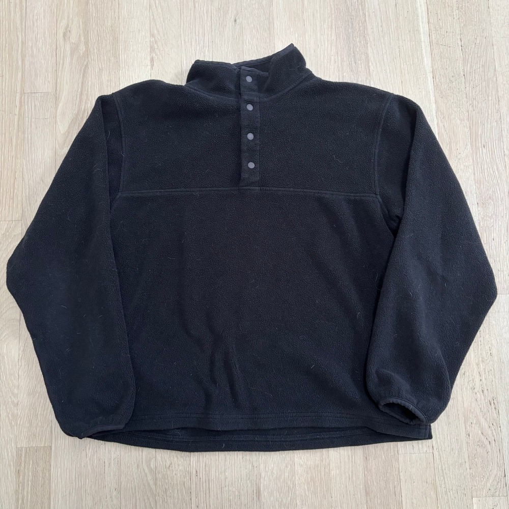 Lands End Fleece Pullover Mens Medium Black Excellent Snap Neck Sweater